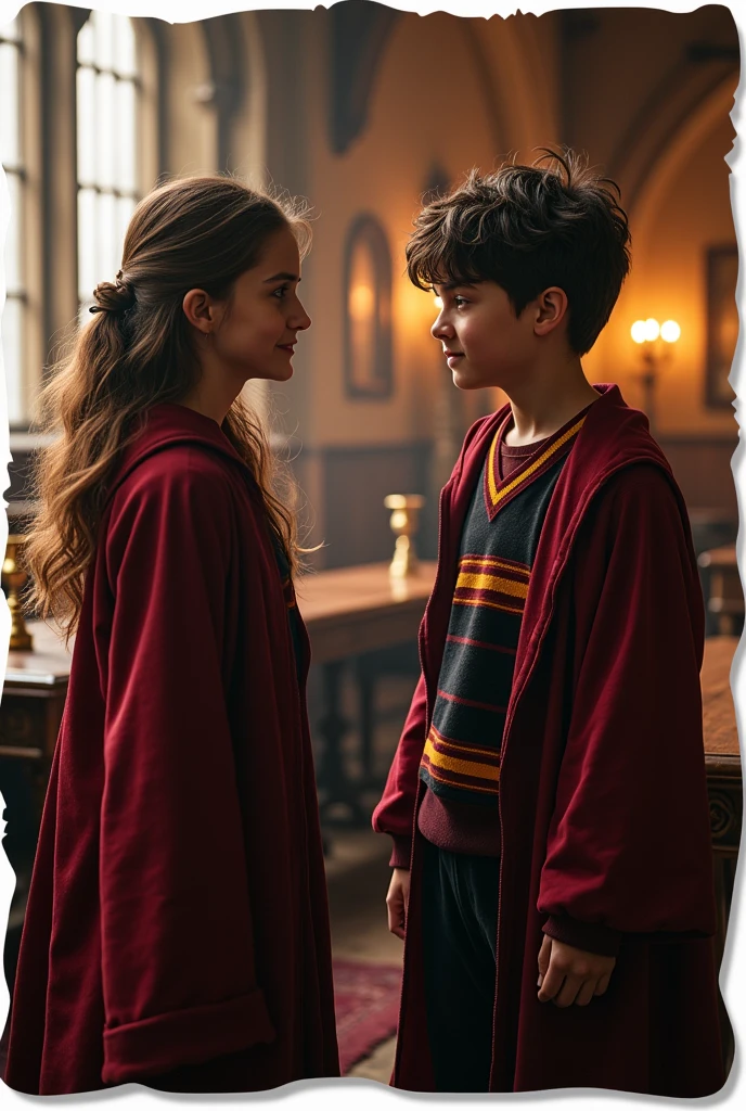 Create a sticker with white borders from a scene from the Harry Potter movie where 2 characters, young boy and older girl, both in Gryffindor uniforms appear in the common room, with large tables and candlesticks. in high resolution with a blurred background, cinema image and hyperrealism.