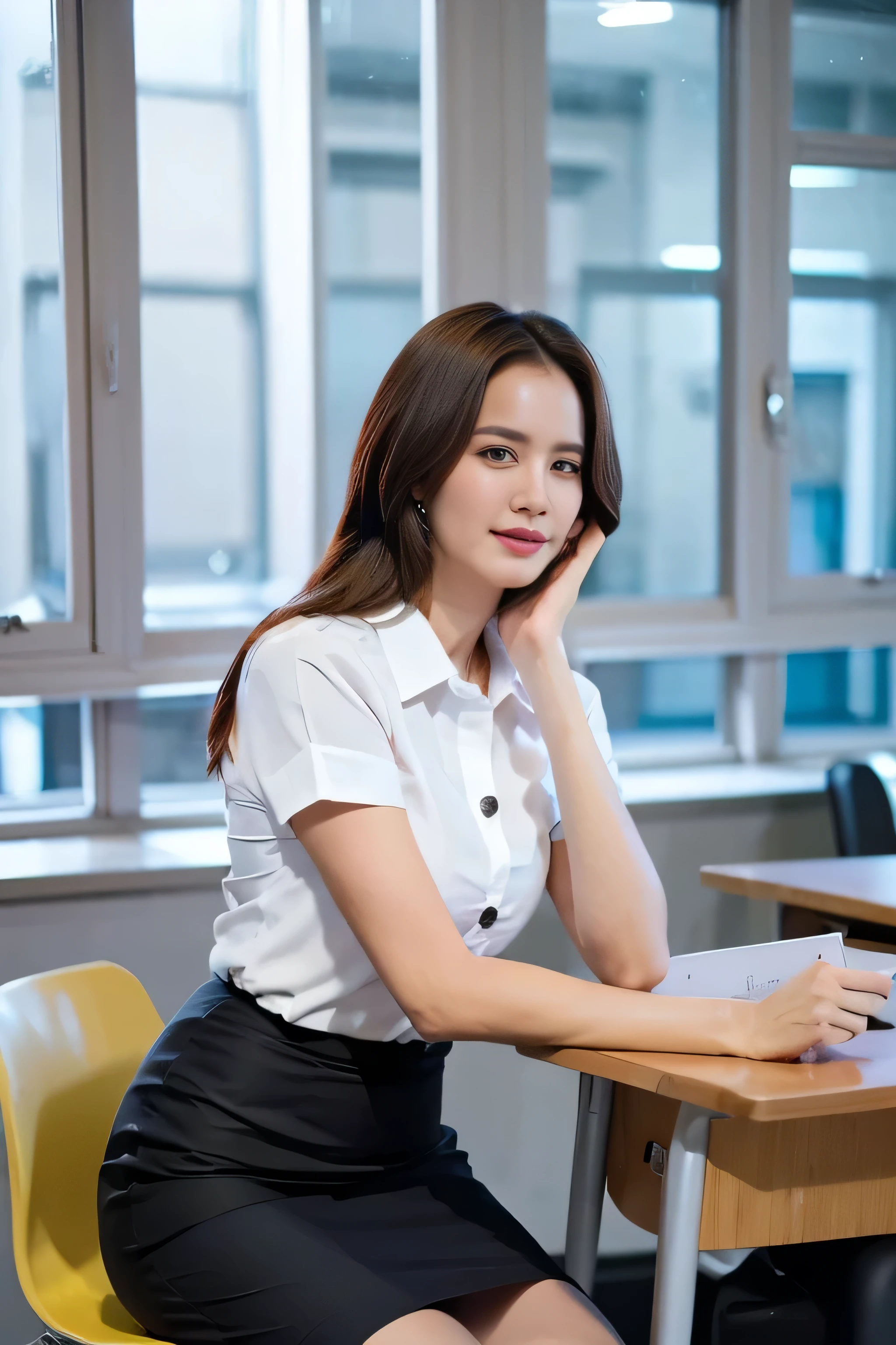 Close up,1 girl{{A beautiful woman wearing a white short-sleeved shirt and a short black pencil skirt}} , striking a sexy pose.  with several lecture tables set up behind it  There is a sliding glass window.  There was evening light streaming into the room.