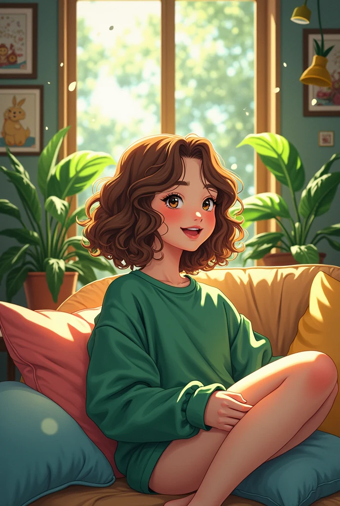 Anime art style, enchanting masterpiece, vibrant woman, exuberant curls framing her animated face, glossy brown hair cut into playful short bob, cozy green sweatshirt draping comfortably over shoulders, nestled within inviting room, walls adorned with whimsical posters and framed memories, plush cushions scattered invitingly on a charmingly cluttered sofa, delicate sunlight streaming through window, dancing dust motes in the air, warm ambiance enveloping scene, detailed texture on fabric of sweatshirt accentuating her lively spirit, soft blush on cheeks illuminating her features, lively sparkle in her expressive eyes, capturing a moment of introspective joy, background hints of indoor plants thriving, intricate lighting creating gentle shadows, panoramic view showcasing room depth, carefully crafted composition highlighting her character against the vibrant environment, fluid brushstrokes portraying movement and emotion, anime style blending sharp outlines with smooth gradients, showcasing the essence of happiness and comfort in artistic form, rich color palette saturated with lush greens and warm tones, dimensions evoking a dreamy, imaginative world, forming a perfect sanctuary reflecting her inner vibrancy
