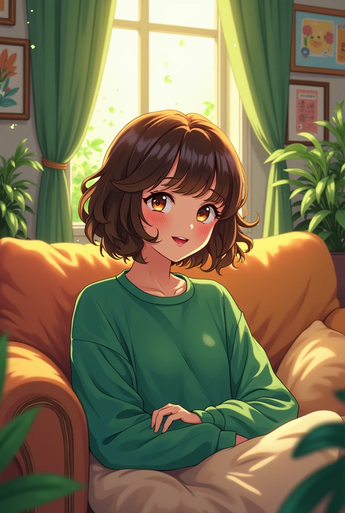 Anime art style, enchanting masterpiece, vibrant woman, exuberant curls framing her animated face, glossy brown hair cut into playful short bob, cozy green sweatshirt draping comfortably over shoulders, nestled within inviting room, walls adorned with whimsical posters and framed memories, plush cushions scattered invitingly on a charmingly cluttered sofa, delicate sunlight streaming through window, dancing dust motes in the air, warm ambiance enveloping scene, detailed texture on fabric of sweatshirt accentuating her lively spirit, soft blush on cheeks illuminating her features, lively sparkle in her expressive eyes, capturing a moment of introspective joy, background hints of indoor plants thriving, intricate lighting creating gentle shadows, panoramic view showcasing room depth, carefully crafted composition highlighting her character against the vibrant environment, fluid brushstrokes portraying movement and emotion, anime style blending sharp outlines with smooth gradients, showcasing the essence of happiness and comfort in artistic form, rich color palette saturated with lush greens and warm tones, dimensions evoking a dreamy, imaginative world, forming a perfect sanctuary reflecting her inner vibrancy