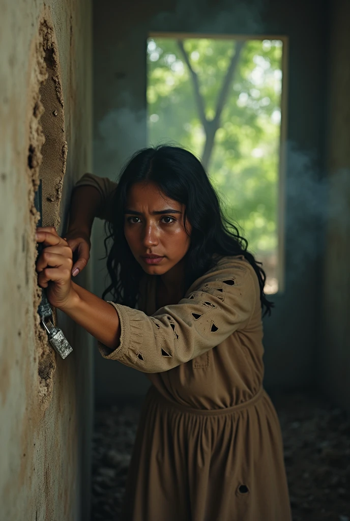 Belle et réelle image en haute résolution 4K. Une jeune Arabe de 18 ans est enfermée dans une pièce sale, creusant un tout petit trou (10 cm) au bas du mur de la pièce pour gagner sa liberté. Elle tient dans sa main un morceau de fer avec lequel elle creuse. Elle porte une robe déchirée et perforée. La jeune fille bouge avec force et colère et frappe le mur de toutes ses forces, l'angle de vue étant de derrière.
De l’autre côté du mur, elle trouve de nombreux arbres, de la tristesse et des larmes aux yeux.
Éclairage doux d'en haut, fumée de derrière