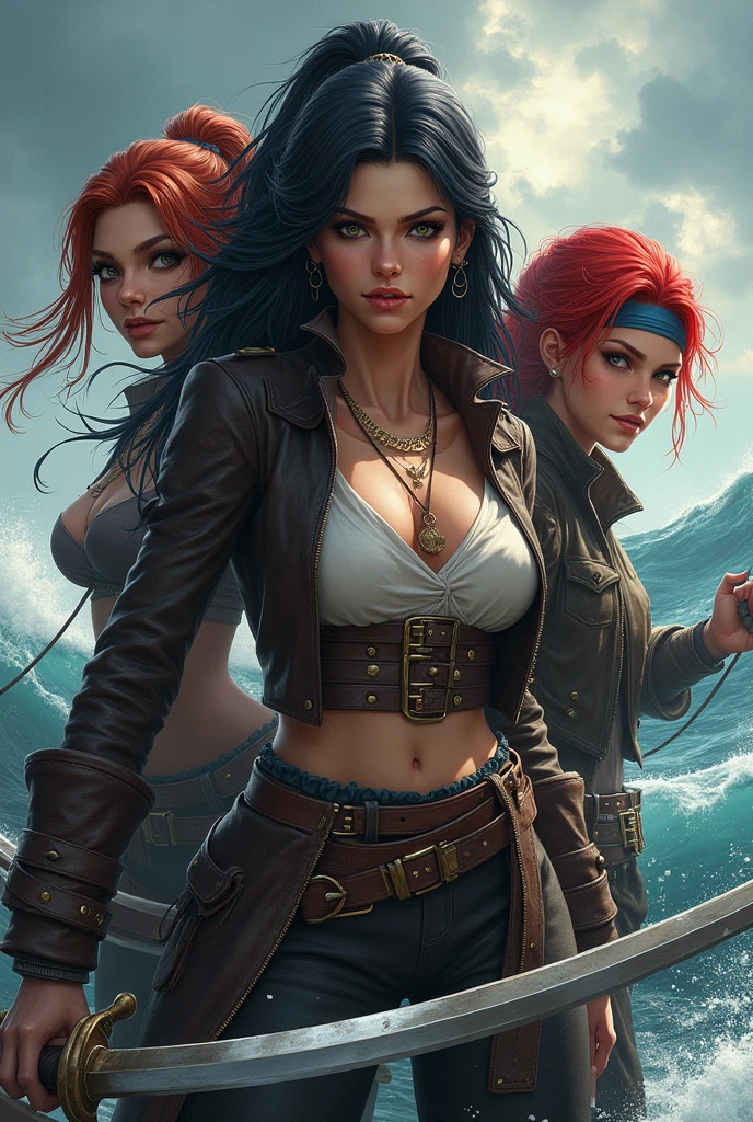 Three female pirates, one with black hair and two with red hair