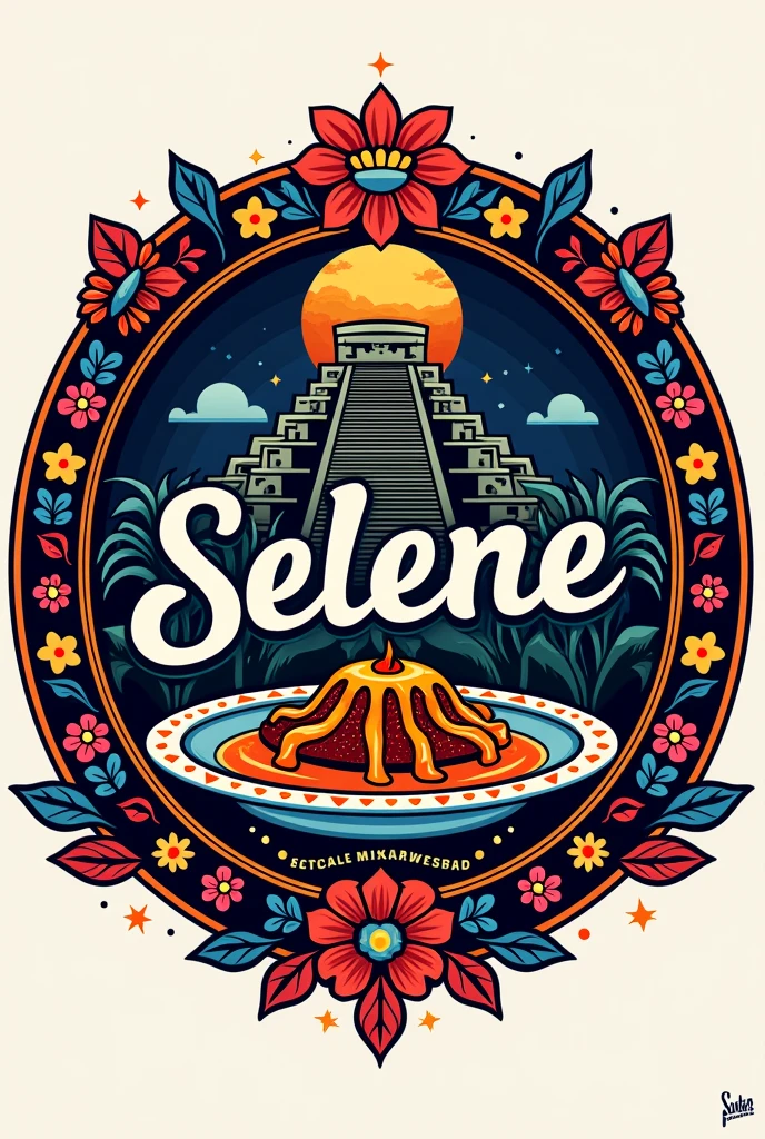 Colorful logo like the Day of the Dead and folkloric in a circular style of a Mexican food brand that says Selene and that in the center image has a plate of chile en nogada and the pyramid of Chichén Itzá
