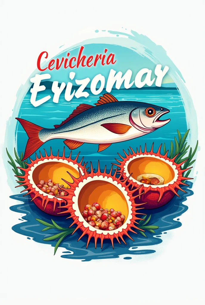 Create a logo for a cevicheria called  que diga "cevicheria erizomar" and that has a fish and open sea urchins with yellow inside ceviche seafood.  Que sea bonito  los erizos de comer realss con letras bonitas como letering
