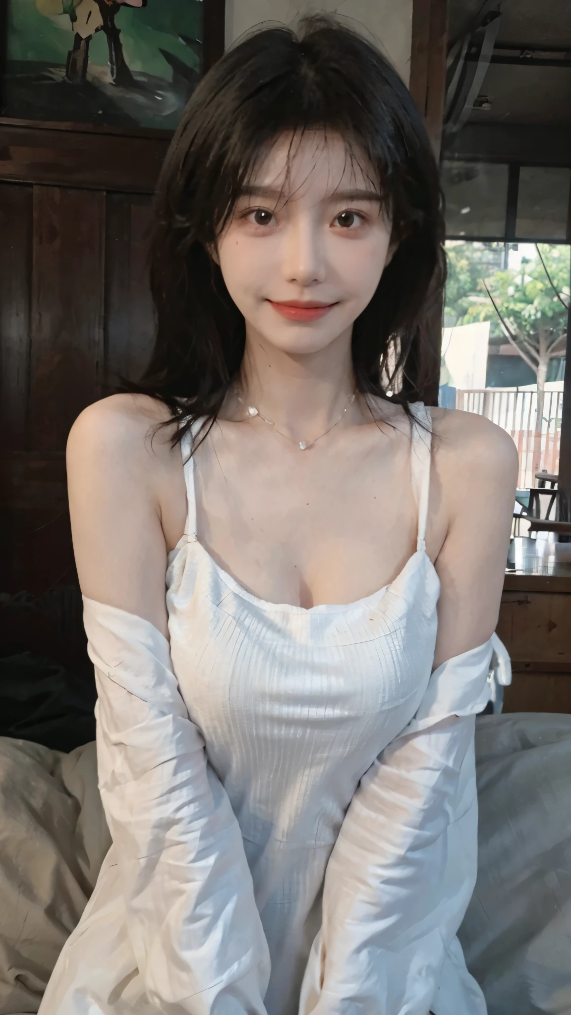 best qualtiy， Ultra-high resolution， （realisticlying：1.4），cute hairpin，Baoyu Girl，European style apartment，（flatchest：1.2） ，A pair of clear and moving peach blossom eyes,Royal Sister，sunshine on face，Big waves，（ln the forest：1.4），（choker necklace：1.2），（Fair skin：1.4），a sense of atmosphere，a beauty girl， ssmile，head straight-looking at viewer， closeup cleavage ，(Photorealistic:1.4),1girll,sexly,(Upper body:1.4),(Wet body),(:1.2)