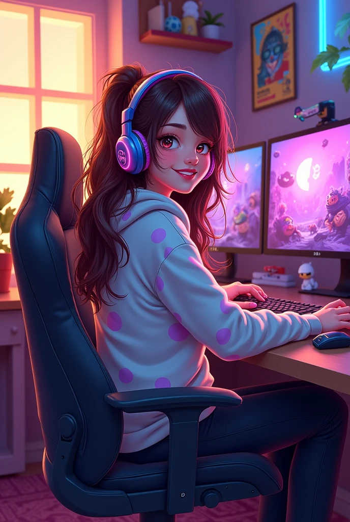 Energetic Pokimane, lively digital illustration, vibrant pink and blue gaming headset hugging her head, warm smile radiating cheerful charisma, cozy streaming room brimming with colorful LED lights, plush gaming chair adorned with oversized pillows featuring her favorite characters, eclectic wall adorned with gaming posters and playful memorabilia, stylish oversized hoodie splashed with pastel hues, sparkling eyes reflecting excitement and joy, delicately tousled hair falling gracefully around shoulders, gaming setup showcasing dual monitors displaying lively gameplay, glowing stream interface framed in neon colors, bright gaming console and figurines scattered across the desk, inviting atmosphere filled with energetic vibes and playful charm, while a warm golden hour glow spills in from a nearby window creating a cozy ambiance, dynamic composition emphasizing her engaging demeanor amidst her gaming sanctuary, relatable essence captured through intricate details in expression and attire, pop-culture references expertly woven throughout the scene, modern digital art style showcasing rich colors and smooth brushwork, ultra-high-resolution rendering celebrating her unique identity and connection to the gaming community.
