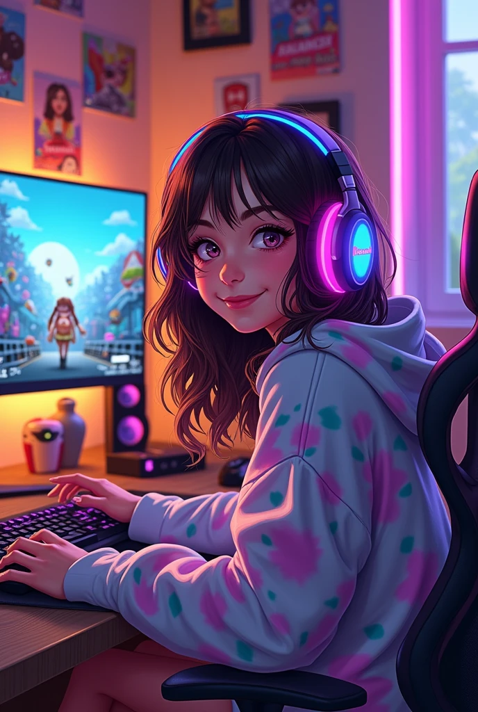 Energetic Pokimane, lively digital illustration, vibrant pink and blue gaming headset hugging her head, warm smile radiating cheerful charisma, cozy streaming room brimming with colorful LED lights, plush gaming chair adorned with oversized pillows featuring her favorite characters, eclectic wall adorned with gaming posters and playful memorabilia, stylish oversized hoodie splashed with pastel hues, sparkling eyes reflecting excitement and joy, delicately tousled hair falling gracefully around shoulders, gaming setup showcasing dual monitors displaying lively gameplay, glowing stream interface framed in neon colors, bright gaming console and figurines scattered across the desk, inviting atmosphere filled with energetic vibes and playful charm, while a warm golden hour glow spills in from a nearby window creating a cozy ambiance, dynamic composition emphasizing her engaging demeanor amidst her gaming sanctuary, relatable essence captured through intricate details in expression and attire, pop-culture references expertly woven throughout the scene, modern digital art style showcasing rich colors and smooth brushwork, ultra-high-resolution rendering celebrating her unique identity and connection to the gaming community.