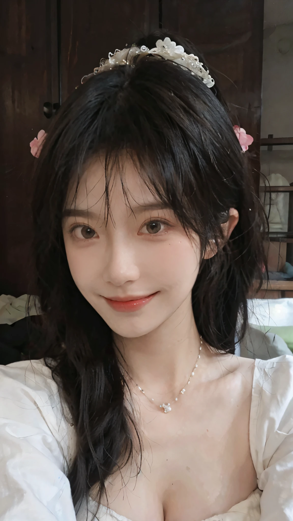 best qualtiy, Ultra-high resolution, (realisticlying:1.4),cute hairpin,Baoyu Girl,European style apartment,(flatchest:1.2) ,A pair of clear and moving peach blossom eyes,Royal Sister,sunshine on face,Big waves,(ln the forest:1.4),(choker necklace:1.2),(Fair skin:1.4),a sense of atmosphere,a beauty girl, ssmile,head straight-looking at viewer, closeup cleavage ,(Photorealistic:1.4),1girll,sexly,(Upper body:1.4),(Wet body),(:1.2)