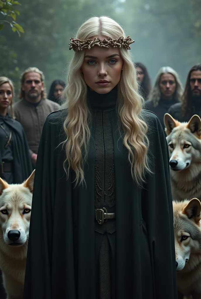 A woman with an angelic face and golden hair, not so long, 20 year, dressed in sansa stark style dark clothes, wearing a crown of bones. ao redor, jomens, women and wolves revering her