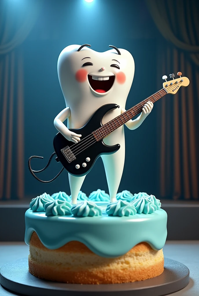 A male tooth playing a black five-string electric bass, on top of a cake with light blue cream that has the name GROVER, with a stage background