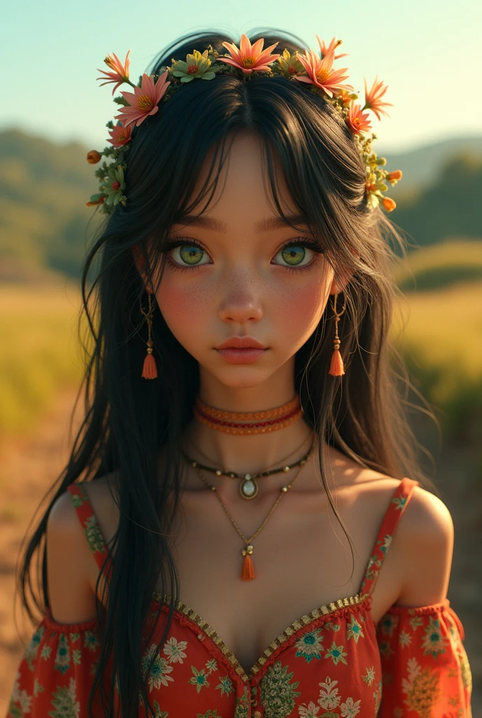 a young brunette girl with green eyes, straight black hair and tall country background wearing hippie clothes