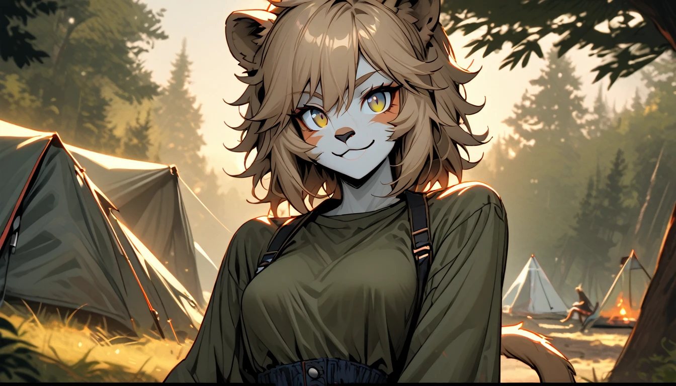 solo female, lion girl, lion ears and tail, short wild sandy hair, hazel eyes, fit, broad shoulders, narrow waist, curvaceous, tomboy, smile, furry claws, casual clothes, underbrush, outdoors, camping, close up