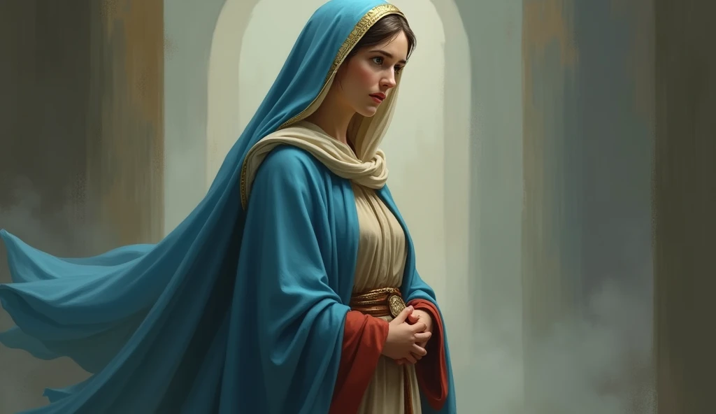 Character: Very Beautiful Virgin Mary , Reddish beige tunic with blue cloak and veil, Setting: She is anxious after receiving the pregnancy announcement from the angel Gabriel.