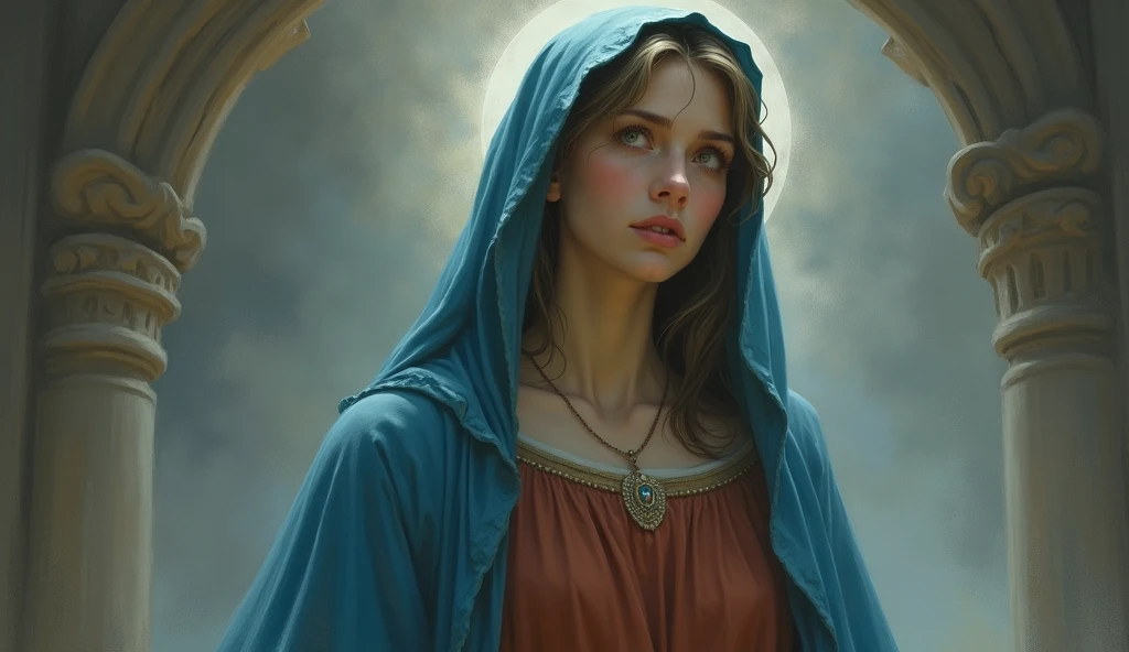 Character: Very Beautiful Virgin Mary , Reddish beige tunic with blue cloak and veil, Setting: She is anxious after receiving the pregnancy announcement from the angel Gabriel.
