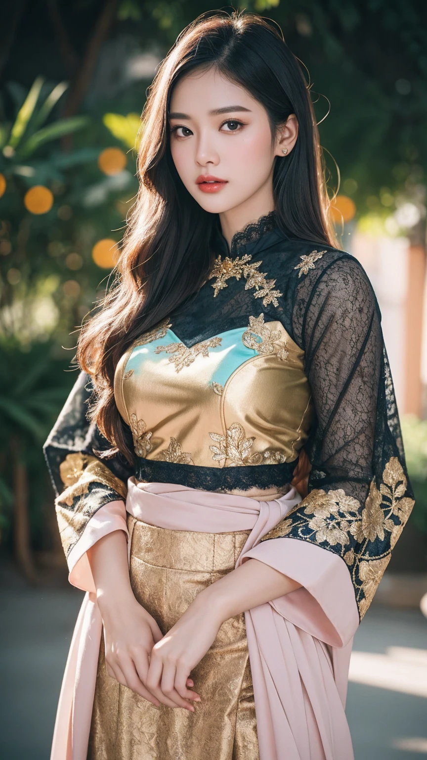 Gorgeus Girl, Full Body Portrait, Beautiful, Face Age 25 Year, Pink Sand Skin, Large Colossal Breasts, Both Arms Open to The Side, ((Black - Gold -Blue Kebaya)), Gold Indonesian Kebaya, ((Detailed Retina)), Brown Retina, Muscles, Bokeh, Indonesian Culture Background, Masterpiece, Straight Black Hair, Perfect Lighting, ((Black - Gold - BlueColoured)), Lace Cloak, 8K, UHD, HDR