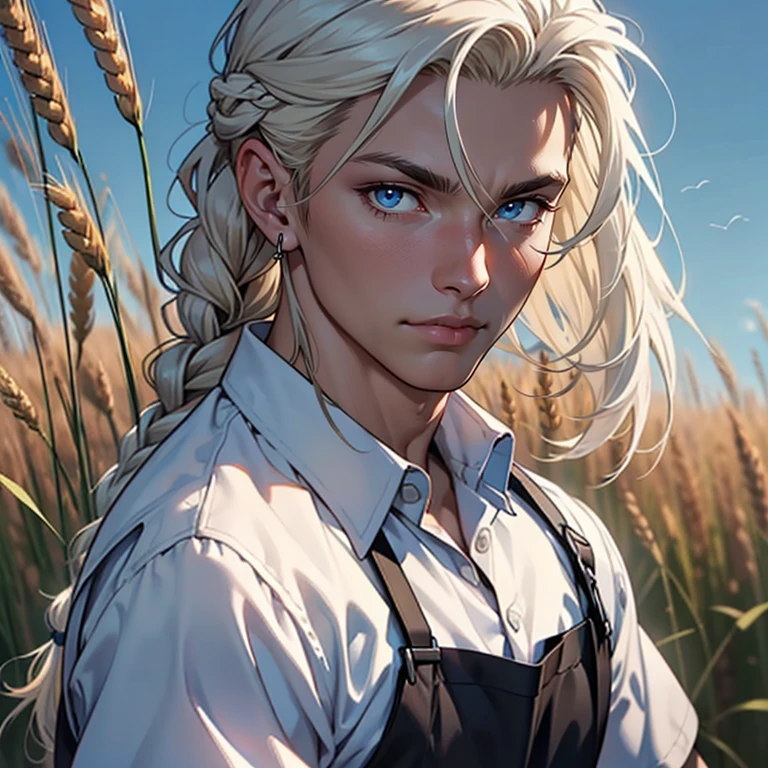 ((masterpiece)), (((best quality))), 1 male, pale white skin, very light white blonde hair, long hair, single thick braid, handsome man, tall man, masculine features, blue eyes, simple earrings, detailed background of a wheat field, white button-down with black apron, detailed face, waist up point-of-view, highest quality, highly detailed, original, high resolution CG Unit 8k wallpaper, (best quality, artwork, masterpiece, 4k)