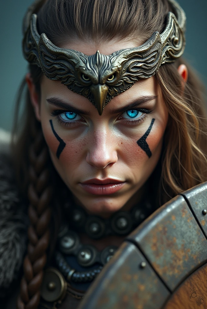Close up face beautiful viking woman, wooden shield in hand , strong blue light in the eyes, eagle crown , tribal design on the eyes, Angry, bone ornaments on the neck, battle armor, focused