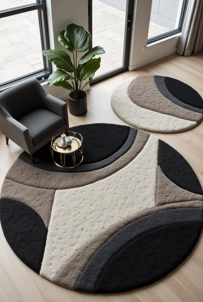 Rugs with tufting technique , round rug ,triangular, irregular squares for living room organic designs sophisticated ,luxurious black and white various models