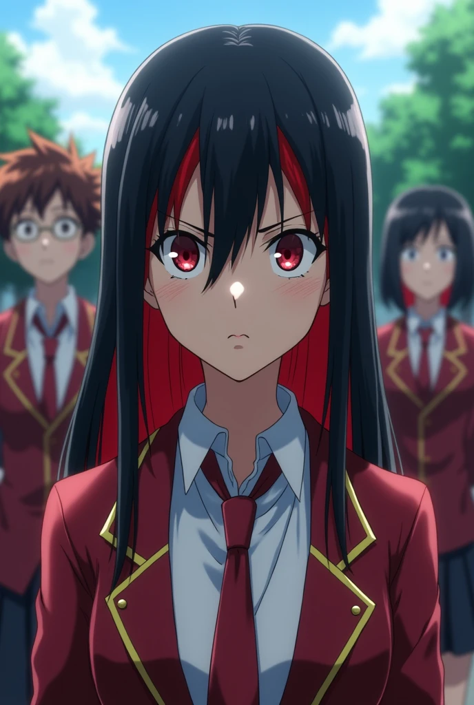 Screenshot of my hero academia.
straight hair girl. Black hair color with red tips. With the butterfly cut . He has dark red eyes and has a serious expression.. He is wearing the My Hero Academia UA uniform and in the background he has a UA school class and is in training.