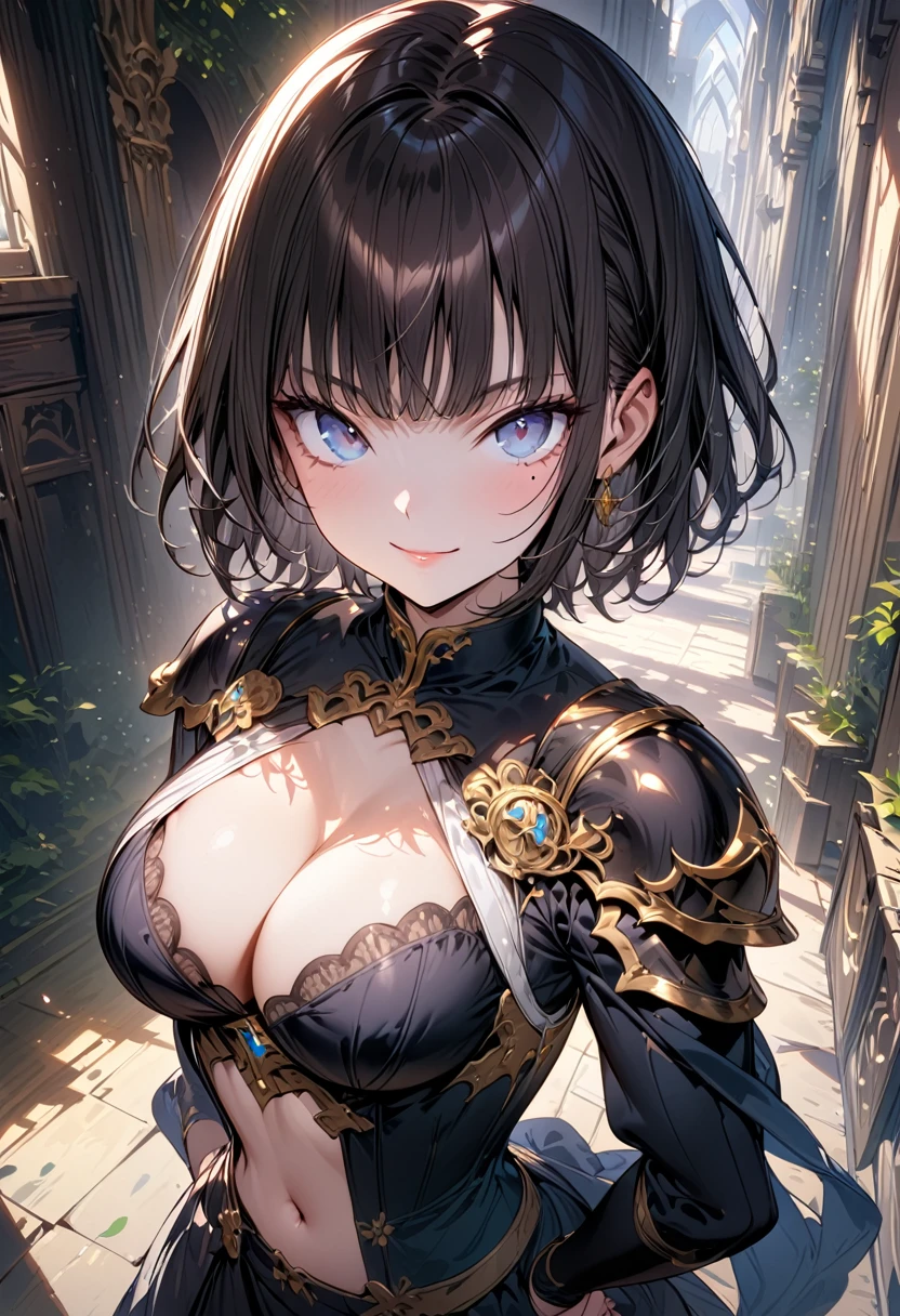 (masterpiece),(best quality),(ultra-detailed),(best illustration),(best shadow),(absurdres),(detailed background),(very aesthetic), Claudia,1girl,brown hair,blue eyes,mole under eye,short hair,large breasts,cleavage,navel,armor,hands on own hips,smile,looking at viewer,indoors
