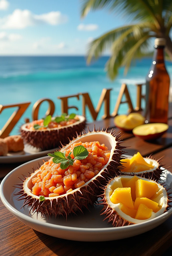 "cevicheria erizomar" and that has a fish and open sea urchins with yellow inside ceviche seafood.  Que sea bonito  los erizos de comer realss con letras bonitas como letering
