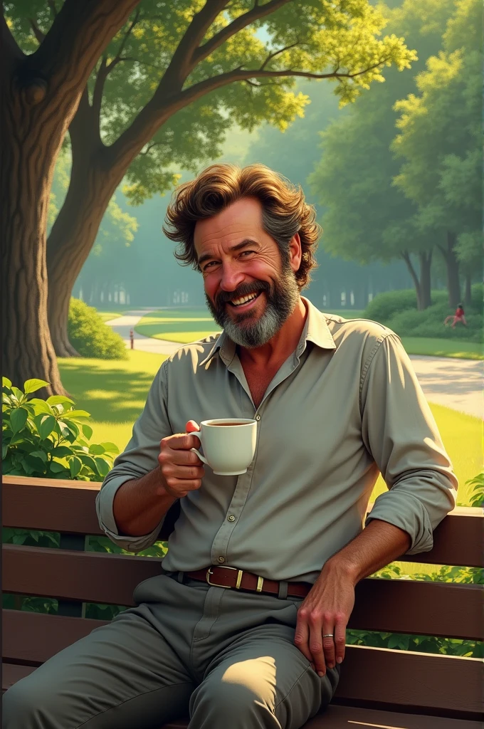 Robin Williams drinking coffee in a park 
