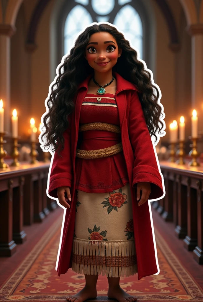 Create a sticker with white borders from a scene from the Harry Potter movie where Moana in the Gryffindor uniform appears in the common room, with large tables and candlesticks. in high resolution with a blurred background, cinema image and hyperrealism.