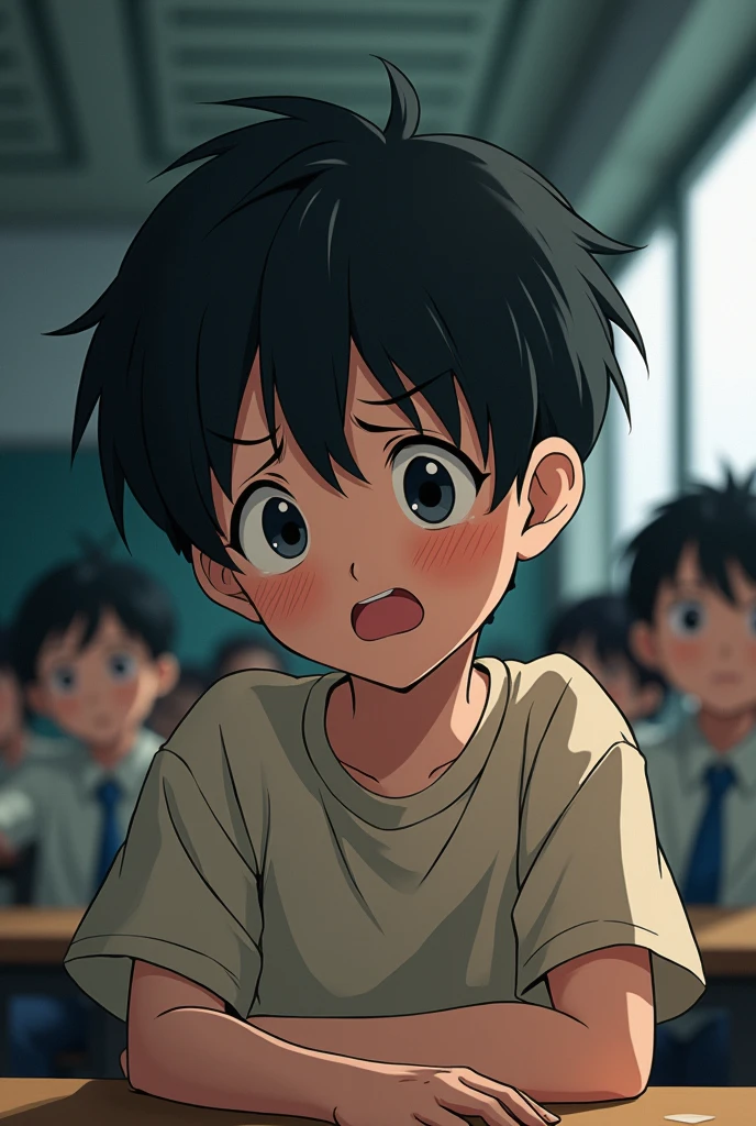 A 1 boy with Asian appearance and dark circles under his eyes being teased by a boy in a classroom alone in anime style/manga