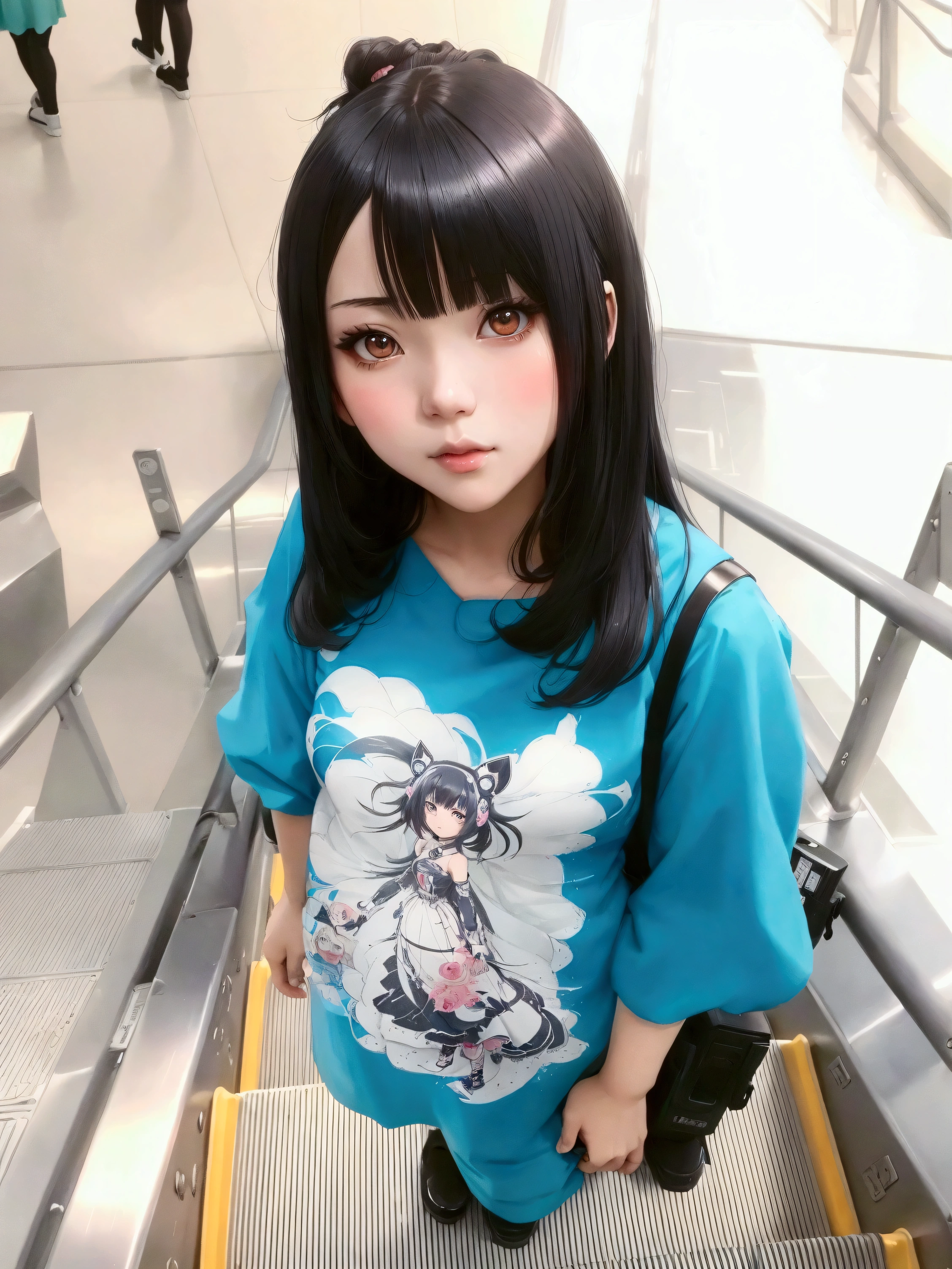 There is a young woman standing on an escalator with a camera., aya takano color style, anime manga robot!! anime girl, black hime cropped fur, the hime cut, Mikudayo, anime thai girl, pretty anime girl, portrait of cute anime girl, anime girl in real life, Sui Ishida with black hair, beautiful seductive anime teen