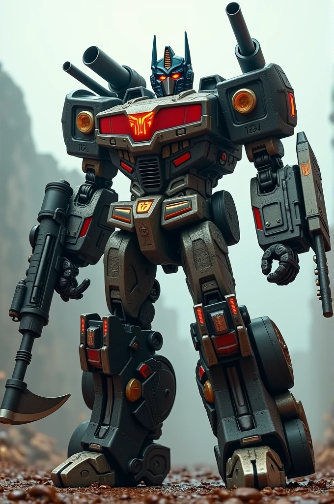 Transformers 1 Cinematic Style. realist, HD , 4k ---

**Name:** Frenzy  
**Alignment:** Decepticons  
**Level:** 4 (promoted)  
**energy:** 1,199,950 / 1,200,000 ML  
**Height:** 8 meters  
**Weight:** 2,500 kg  
**Core:** Medium Spark Lvl 1 (Intelligence)  

**Available Shapes:**
- **humanoid shape (actual):**  
  - **Description:** Body fused with Jetfire and Mark 1, with a robust and improved structure, de 8 meters de altura.  
  - **Skills:** Huge increase in size and strength, improved combat capability and improved mobility.  
  - **Weapons:**  
    - **Improved Axe:** Incorporated with parts of the tail of the old beast form, Now twice as big and powerful. (Unspecified location in humanoid form).  
    - **Particle Cannon (Jetfire):** Mounted on the right shoulder, an extremely large and powerful cannon, capable of firing high-energy particles, with high Energon consumption. (In the form of hunting, It is mounted on the front of the fuselage, which suggests a possible contradiction).  
    - **GAU-8 Avenger:** Mounted on the left shoulder, capable of shooting up to 4,200 rounds per minute of 30mm ammunition. (In the form of hunting, It is integrated into the upper part of the central section of the aircraft, which raises the question of whether it is the same GAU-8 or a different version).  
    - **Plasma Cannon (50 mm):** Integrated into the right hand, Designed to fire high-power plasma projectiles, powered by energy instead of ammunition. (In the form of hunting, It is located at the base of the wings, creating confusion about its location).  
    - **5-pounder machine guns.56 mm:** Integrated into the right arm, capable of firing ultra-armor-piercing ammunition. (In the form of hunting, They are installed at the tips of the wings, which could be contradictory).  
  - **Defenses:**  
    - **Alloy Shield with Ammo Backpack:** Built from the ammo backpack 