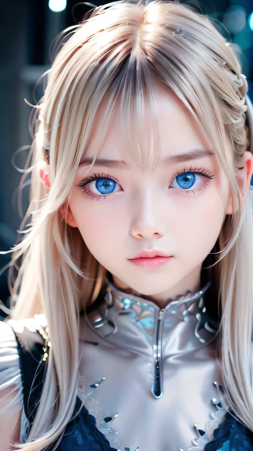 Highest quality、8K masterpiece、Ultra-high resolution、(Realistic:1.3)、RAW Photos、 Scandinavian girl with shiny blonde hair、Silvery blonde hair、Super long straight hair、Bangs between the eyes、Bangs that fall over the eyes、Bangs over one eye、Bangs between the eyes、Incredibly white, glowing skin、1. Cyberpunk Super Beautiful Soldier、((Ultra-Realistic Details))、Portraiture、Global Illumination、Shadow Realm、Octane Rendering、8k、Ultra Sharp、metals、Cool colors、、Very intricate details、Realistic Light、Trends of the CG Association、Very beautiful big bright blue eyes、Very big eyes、Eyes shining at the camera、Neon Details、Small Face Beauty、Round face、Highlights of cheek luster、eyeliner