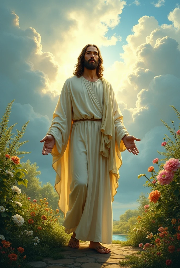 jesus with a garden in the background and clouds in the sky