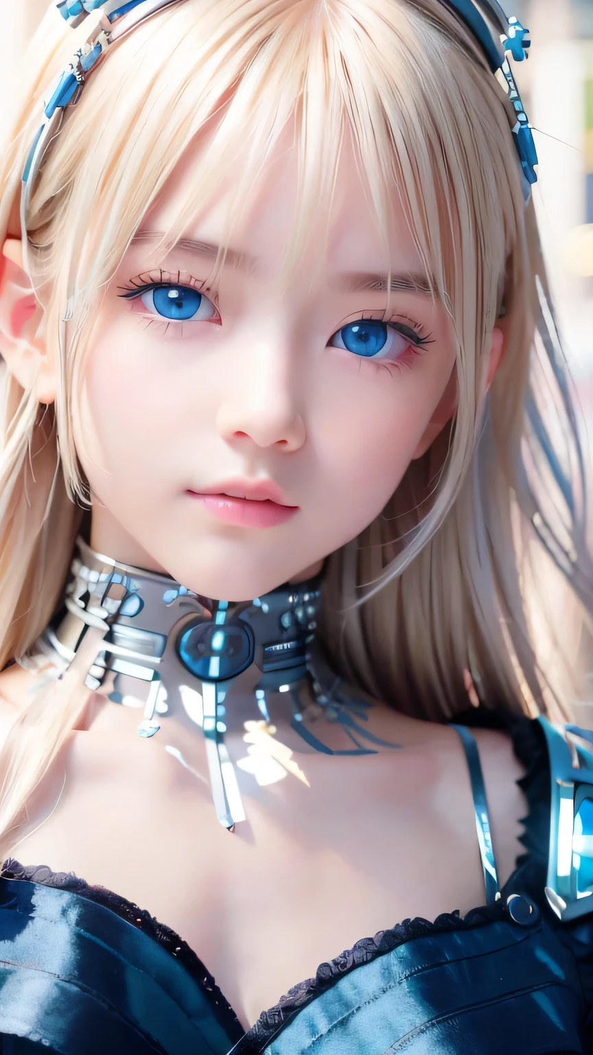 Highest quality、8K masterpiece、Ultra-high resolution、(Realistic:1.3)、RAW Photos、 Scandinavian girl with shiny blonde hair、Silvery blonde hair、Super long straight hair、Bangs between the eyes、Bangs that fall over the eyes、Bangs over one eye、Bangs between the eyes、Incredibly white, glowing skin、1. Cyberpunk Super Beautiful Soldier、((Ultra-Realistic Details))、Portraiture、Global Illumination、Shadow Realm、Octane Rendering、8k、Ultra Sharp、metals、Cool colors、、Very intricate details、Realistic Light、Trends of the CG ociation、Very beautiful big bright blue eyes、Very big eyes、Eyes shining at the camera、Neon Details、Small Face Beauty、Round face、Highlights of cheek luseyeliner