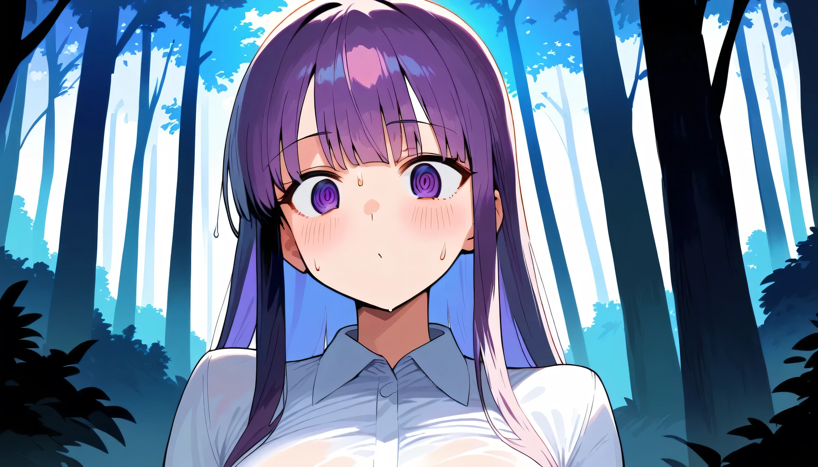 score_9, score_8_up, score_7_up, best quality, 1 lady, black long hair, purple slant eyes, staring, white shirts, sweat, forest, twilight:1.4