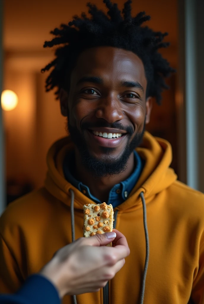 a tired but happy black man arriving home, HIS MOTHER giving him a cereal bar, detailed portrait, beautiful eyes, realistic, photorealistic, 4k, high resolution, masterpiece, cinematic lighting, warm colors, cozy interior, soft shadows