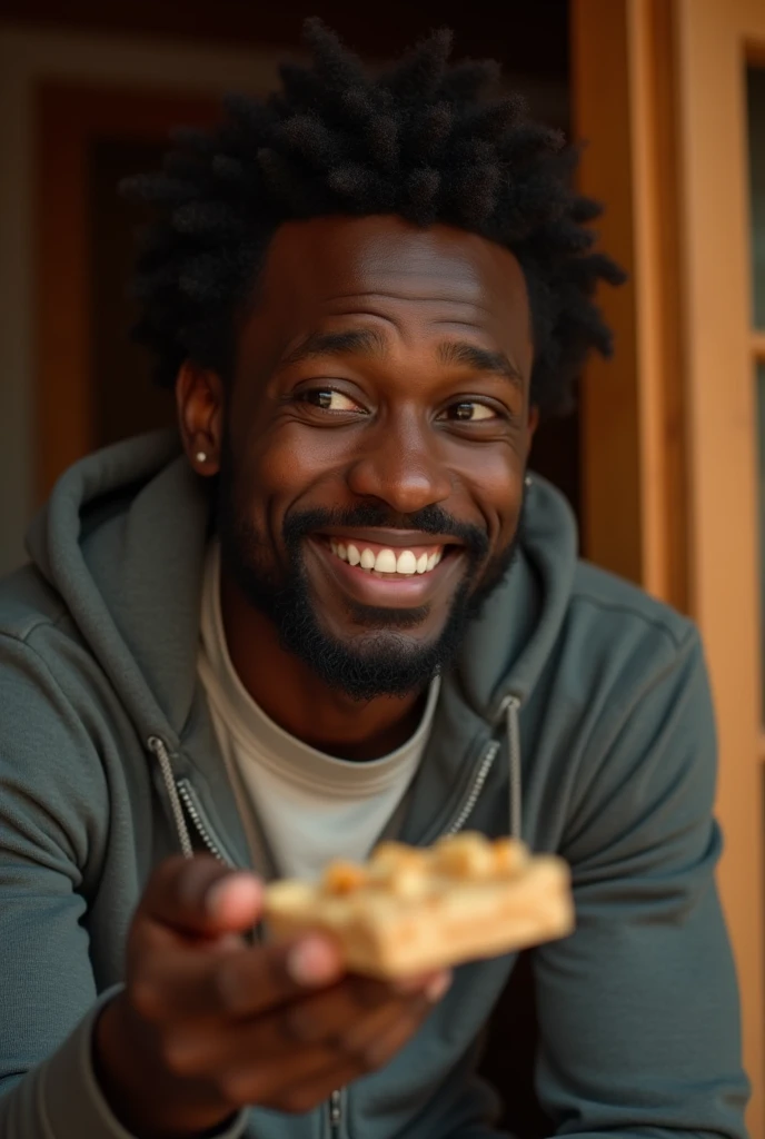 a tired but happy black man arriving home, HIS MOTHER giving him a cereal bar, detailed portrait, beautiful eyes, realistic, photorealistic, 4k, high resolution, masterpiece, cinematic lighting, warm colors, cozy interior, soft shadows