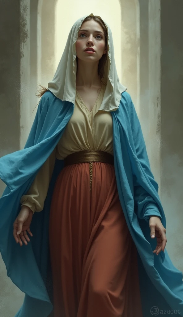 Character: Very Beautiful Virgin Mary , Reddish beige tunic with blue cloak and veil, Setting: She is anxious after receiving the pregnancy announcement from the angel Gabriel.