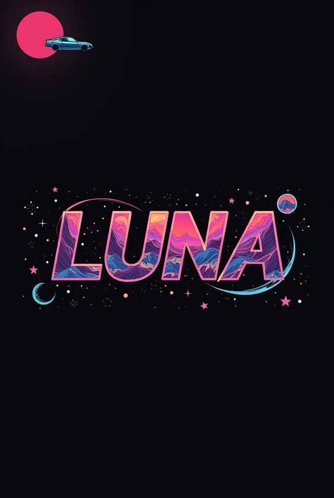 High resolution, Logo for Jdm cars, logo spelling swiftly “Luna” cool, Jdm theme, anime theme, Cyberpunk vibe name spelling, brand logo, logo for tshirt, brand logo “LUNA”, neon vibes, acid trip vibes, acid trip, shooting stars, acid trip inside “LUNA”, acid trip, hallucinations inside “LUNA”, Waves of hallucinations, splash, stars, waves of acid trip hallucinations,