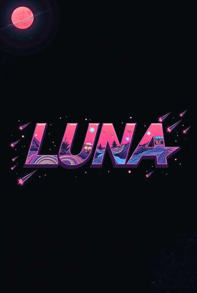 High resolution, Logo for Jdm cars, logo spelling swiftly “Luna” cool, Jdm theme, anime theme, Cyberpunk vibe name spelling, brand logo, logo for tshirt, brand logo “LUNA”, neon vibes, acid trip vibes, acid trip, shooting stars, acid trip inside “LUNA”, acid trip, hallucinations inside “LUNA”, Waves of hallucinations, splash, stars, waves of acid trip hallucinations,