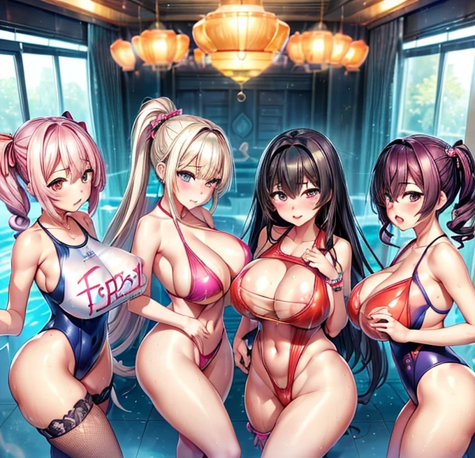 Ultra HD、Ultra-high resolution、Noise Reduction、perfection、Image quality adjustment、balance change、Optimal Lighting、Minor fixes、Detail correction、((Four Girls、Gravure idol:1.8))、((Super sexy super high leg swimsuit:1.5)),、((Big Ass、Thick legs、Thick waist、Thick thighs)),Looking into the camera,彼女はperfectionです, Incredibly large breasts,Incredibly large and firm breasts,、Camel Toe、Great tit、Nipple puffs、Cleavage、Plump、Super big breasts、Super big ass、Bubble Butt、、((A special smile、Partially visible vulva pose))、sexy and cute、((Super big breasts、Saggy breasts:1.6))、Earrings、Earrings、lipstick、necklace、Thick lips、Heterochromia iridis、bracelet、Caster wheels、Round 1、Hair Charm、Lip gloss、Long False Eyelashes、Ahoge、eye shadow、Long eyelashes、Shaped eyebrows、Tear bags、Lip gloss、紅いlipstick、eyeliner、blush、head band、ribbon、Manicure、Pedicure、nail、、((Random Hairstyles、Random hair color、Random Pause、Random fingertips、Quite obscene、frustration、Slut、Slut))、((Undersized swimsuit:1.5))
