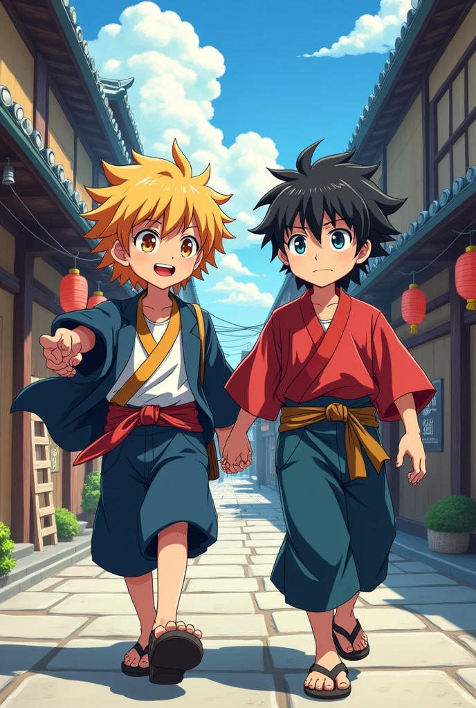 Japanese anime boy with blond mid hair, with his bestfriend anime boy with black hair in a old samouraï japanese street