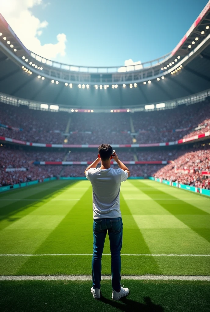 photo next to the lawn in a stadium full of people in the stands