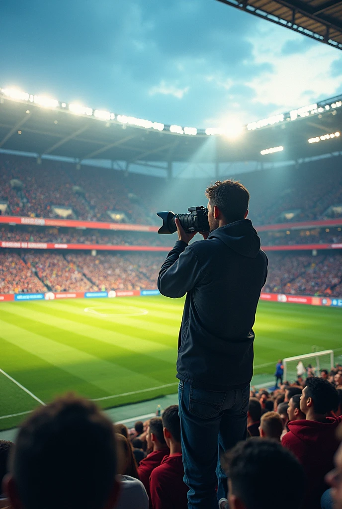 photo next to the lawn in a stadium full of people in the stands