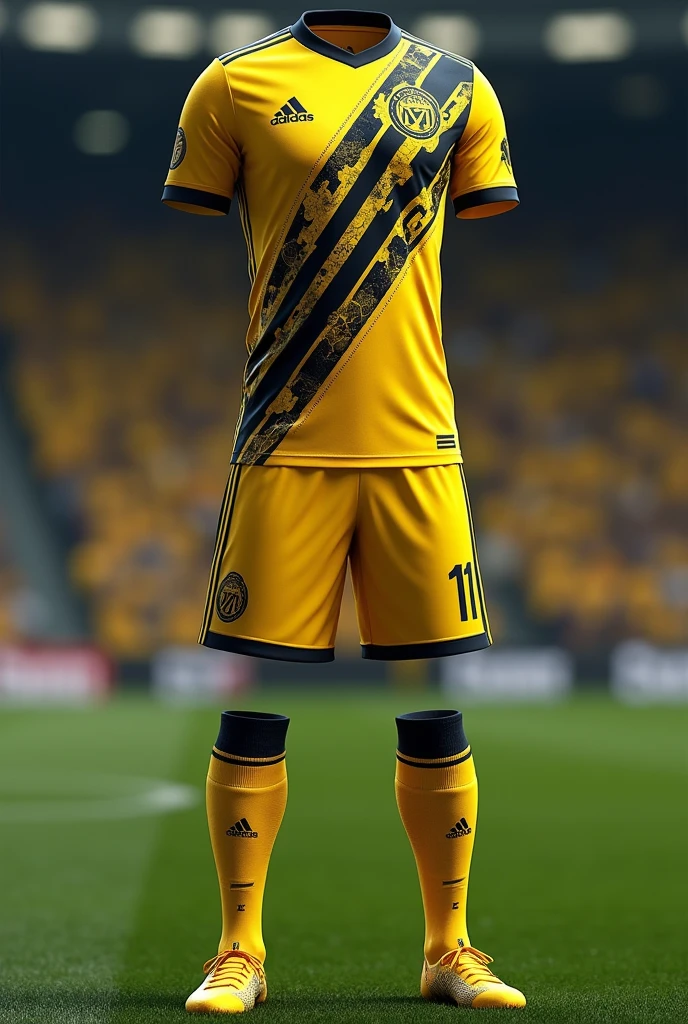 Create a football team kit that has the colors yellow and black, I want it to be a warlike style but at the same time modern with many interesting details