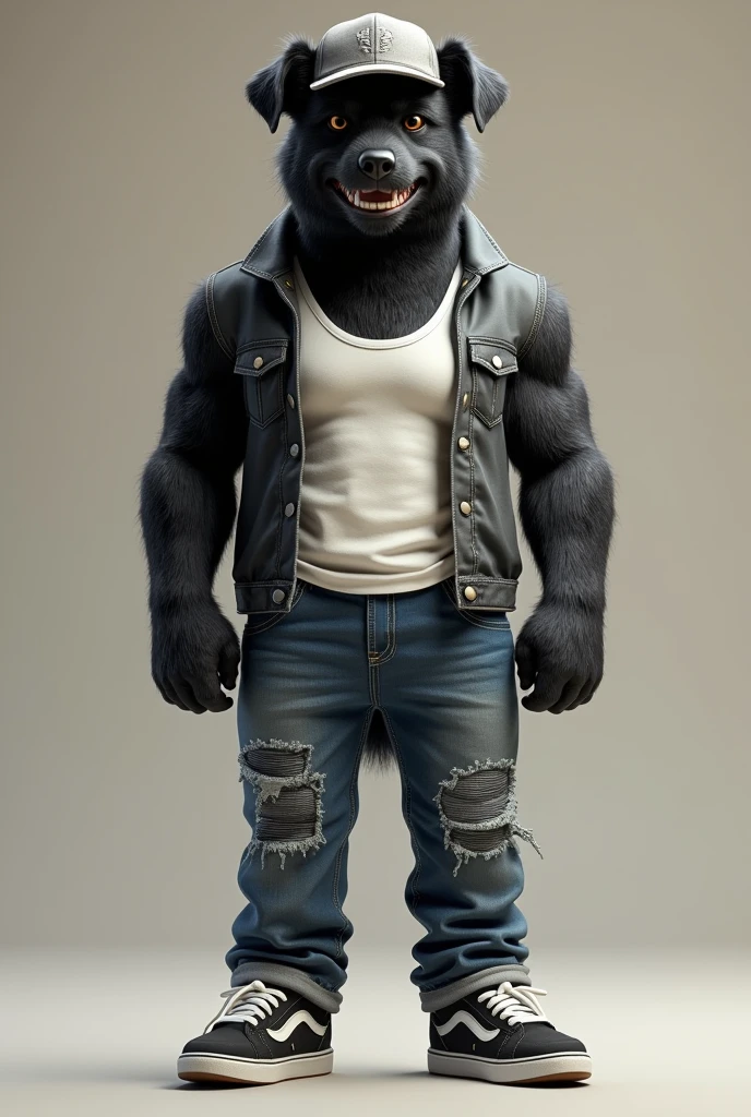 Slightly muscular black dog with cap ,jeans, white tank top and black sneakers in the shape of a human with a mocking smile