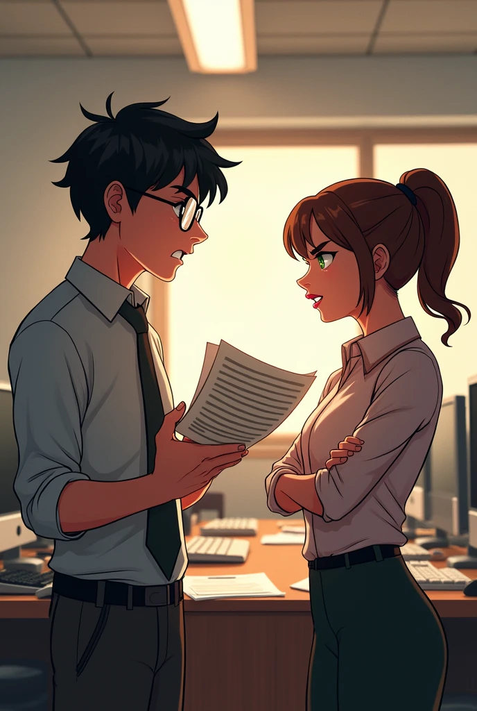 Alex (2 young man, delgado, with messy black hair and dark eyes and wears glasses) and Mia (2 woman, slender, with brown hair tied back in a ponytail and green eyes) They argue in the office. Mia has her arms crossed, while Alex shows him the underlined article.