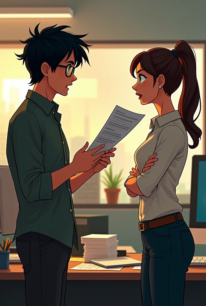 Alex (2 young man, delgado, with messy black hair and dark eyes and wears glasses) and Mia (2 woman, slender, with brown hair tied back in a ponytail and green eyes) They argue in the office. Mia has her arms crossed, while Alex shows him the underlined article.