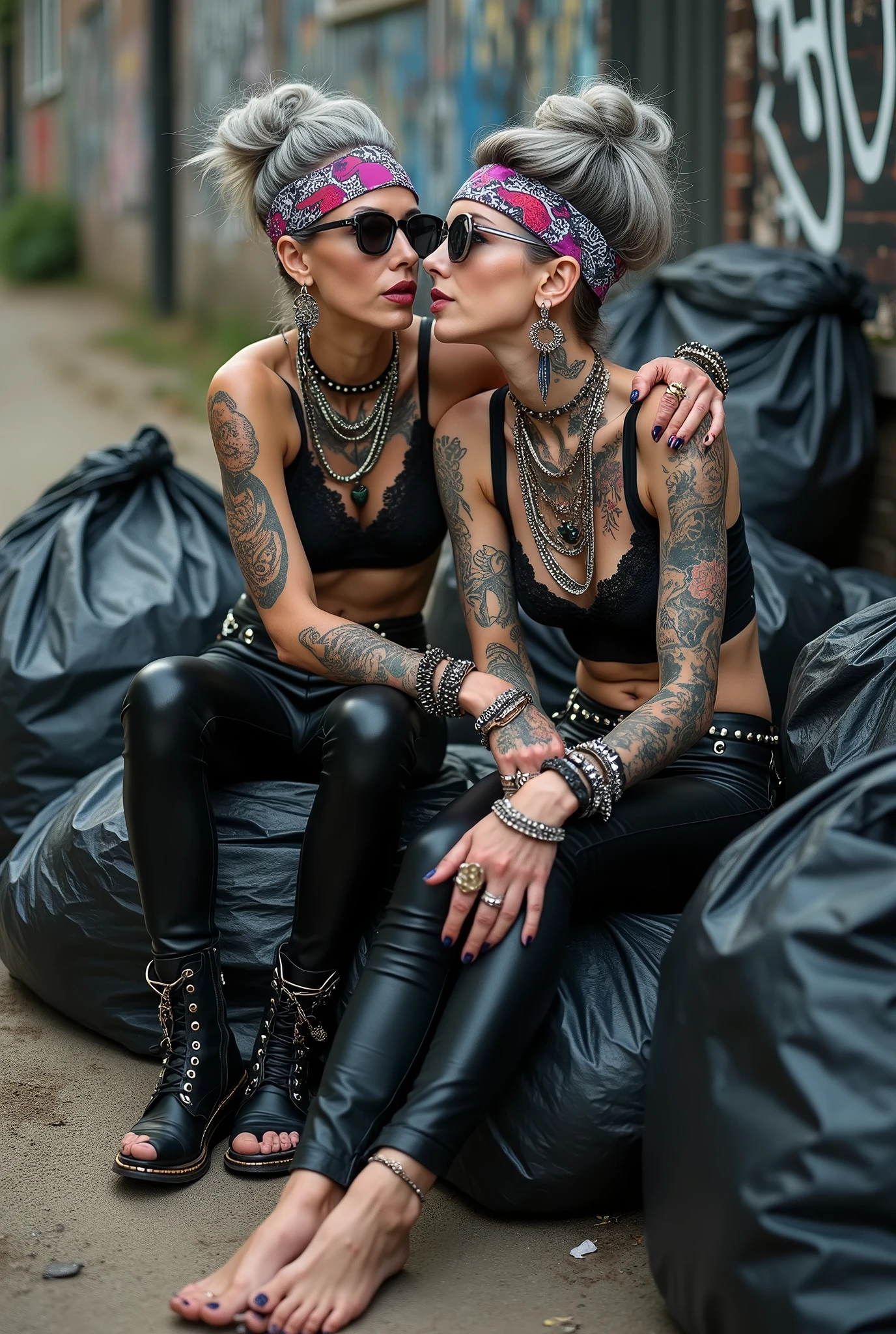 Two russian milf women (one protecting the other), different clothes but same rock chic style. grey hair (bouffant, top bun) and oversized square sunglasses and wide colourful bandana as headband, with very light green eyes, extremely pale. Big lips. Black lace push up bra, silicone breast,, tight skinny black low rise leather jeans. Barefoot. Lots of thick wide studded bracelets, chain necklaces and big rings,. Two loose studded belts. Long earrings with chains and feathers. Sitting on a pile of huge black plastic bags. Lazy, leaning back, laid back pose, separated legs, hands on crotch. Neck, chest, stomach, feet, hands, arms and wrists heavily tattoed. Toned abdominals, thin neck, slim legs and thin arms. Narrow hips. Full body. At a dead end street with graffitied walls, ground littered with waste . Nuns get close. Some nuns in the backgroung get close. Full body, seen from above