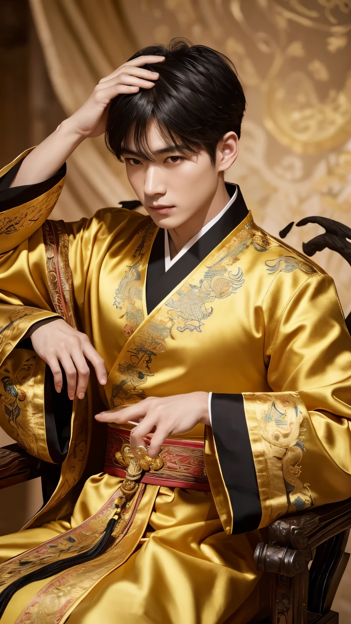 (Perfect detail: 1.5, 8k wallpaper, masterpiece, Highest quality, Very detailed) male, Emperor, Delicate facial features, Asian Face, Short black hair, Thin Hair, Tied Hair, Golden silk embroidered dragon robe, Hanfu, Sitting on a dragon chair, Put your hands on your head, Palace Background, ancient golden Emperor crown