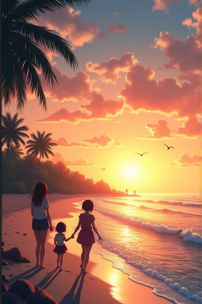Raster image of sunset on the beach with few people